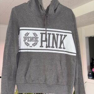 PINK Victoria's Secret Hoodie Women Small Gray Graphic Pullover Sweatshirt Y2K